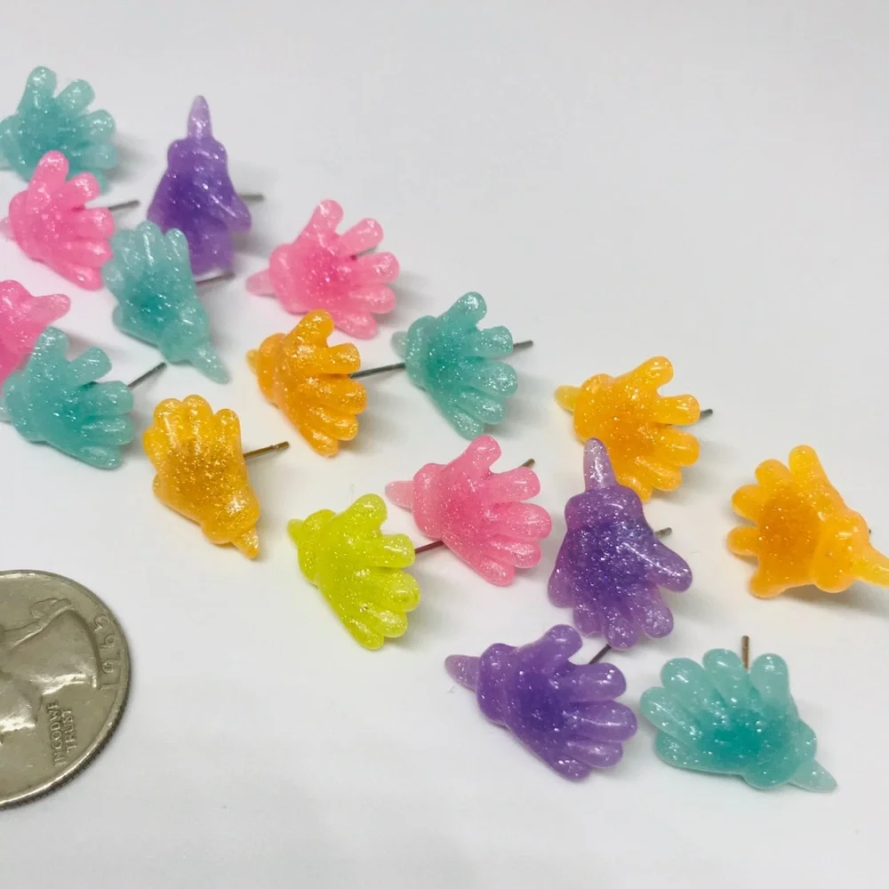 Orange Glitter Sticky Hand Resin Kawaii Hand Crafted Stud Earrings